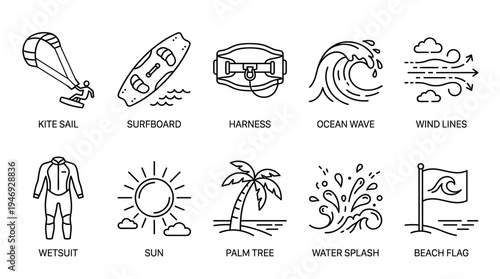 A collection of black line art icons depict essential kitesurfing gear and elements including a kite, surfboard, harness, wave, wind lines, wetsuit, sun, palm tree, water splash, and beach flag.