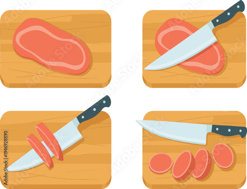 Four sequential illustrations showing a chef knife slicing raw meat on a wooden cutting board