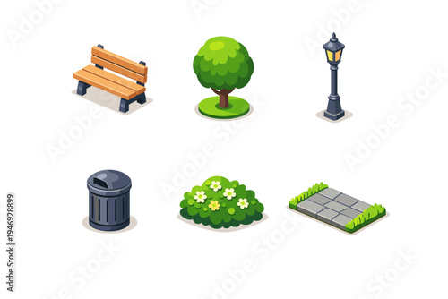 Isometric city park elements set featuring a wooden bench, leafy tree, street lamp, trash can, flower shrub, and paved sidewalk tile on white