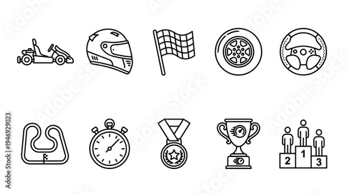 A set of clean, black and white line art icons representing go kart racing elements like a kart, helmet, checkered flag, and trophy.