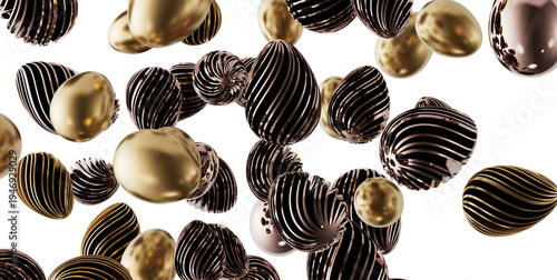 Abstract image of golden and black textured eggs floating, perfect for Easter or luxury concepts