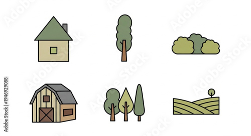 Rural Landscape Elements - House, Barn, Trees, and Rolling Hills.