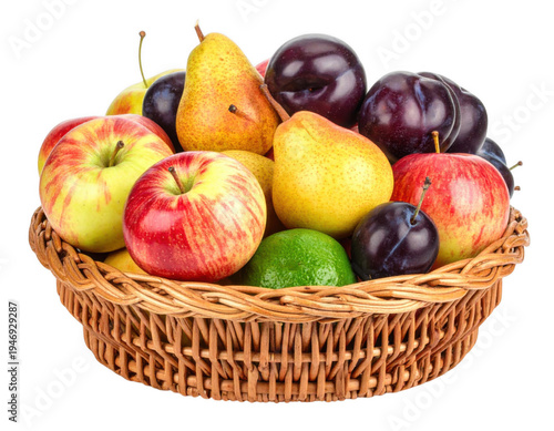 A wicker basket overflowing with assorted fruits isolated on transparent background