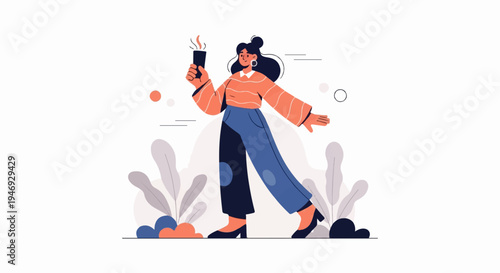 A stylized woman holding a lit object, surrounded by abstract shapes and plants