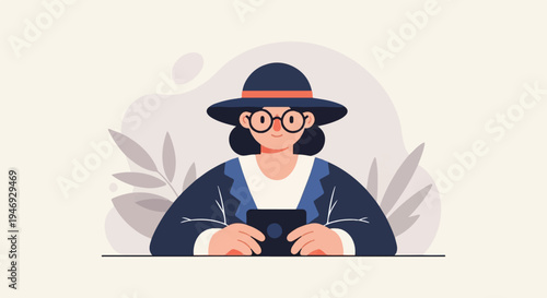 Person in hat and glasses holds device, abstract background with plants