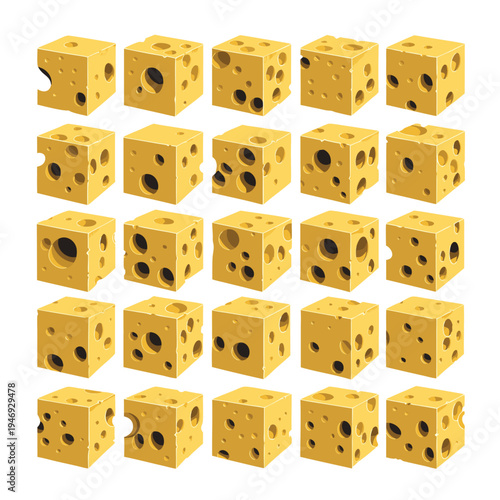 Photorealistic Yellow Swiss Cheese Cube Set Vector Illustration
