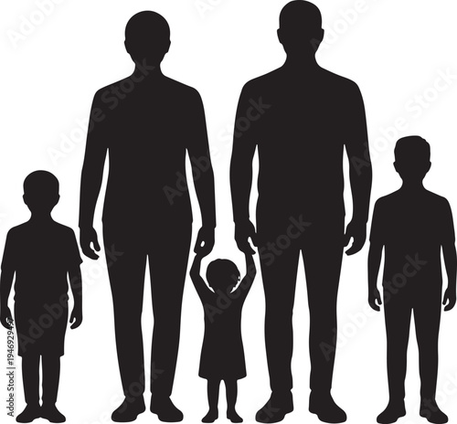 A diverse family silhouette consisting of two parents and three children of various ages standing together happily