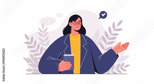 A stylized illustration of a smiling person in glasses holding a phone and gesturing with their hand, surrounded by leaves