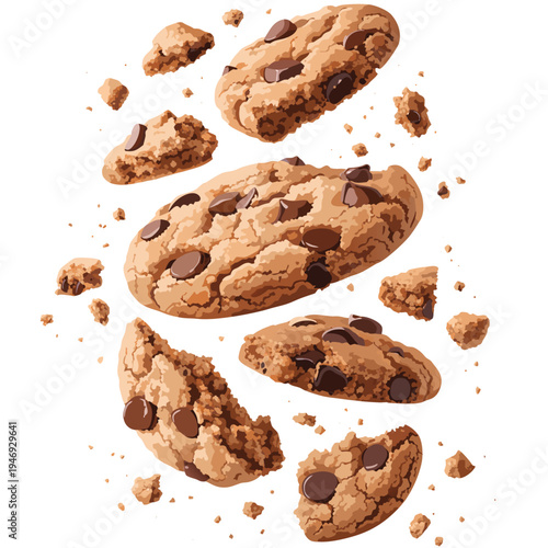 Photorealistic Chocolate Chip Cookie Splash Set Vector Illustration