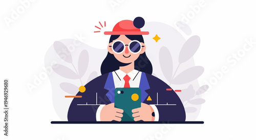 A stylized person in a hat and sunglasses smiles while holding a smartphone, with abstract foliage in background