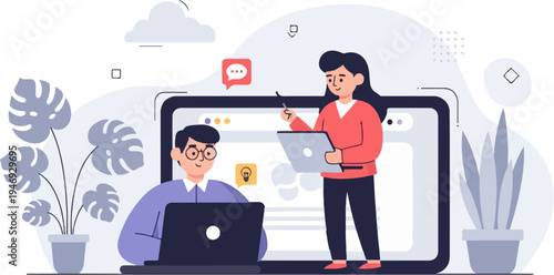 Two professionals collaborating on a digital project, with plants and abstract elements