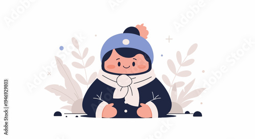 A charming cartoon child in winter attire, adorned with a blue hat and scarf, sits amidst delicate foliage