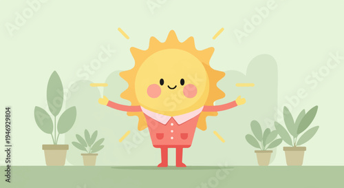 A cheerful, anthropomorphic sun wearing a pink outfit and shirt, standing outdoors