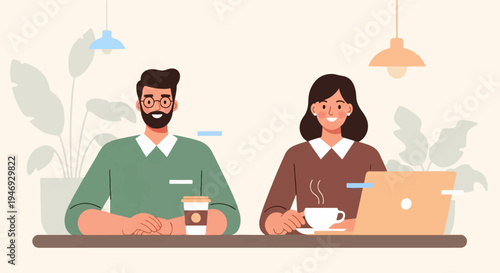 Two colleagues enjoying beverages and working on a laptop in a modern office