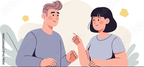 Two people in casual conversation, pointing and gesturing