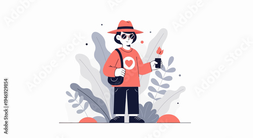 Stylish person in hat and sunglasses holding a small potted plant with flames