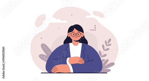 A stylized, flat illustration of a woman in a blue blazer and glasses, with her arms crossed