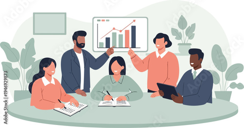 Diverse team collaborates around a table, analyzing upward trending data on a screen