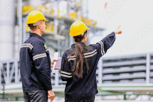 group of industrial engineers workers in a refinery - oil and gas processing equipment and machinery, engineers collaborate with a laptop, blueprint, and digital tablet at the oil storage tanks site.