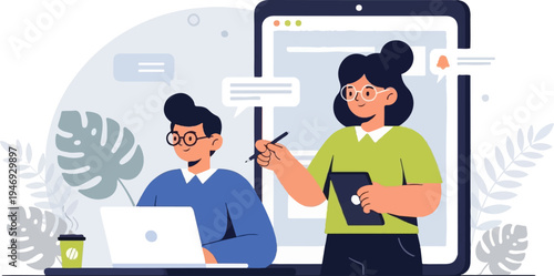 A digital illustration of two people working on laptops and tablets with a large smartphone displaying information