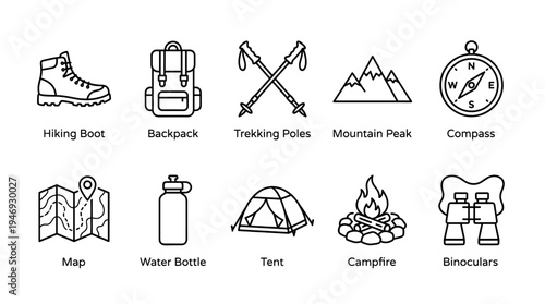 A collection of line art icons depicting essential outdoor adventure gear, including a hiking boot, backpack, trekking poles, mountain, compass, map, water bottle, tent, campfire, and binoculars.
