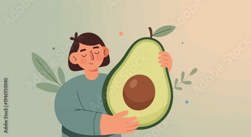 Person holding a large avocado with closed eyes and a smile