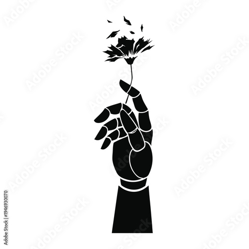 Minimalist Melancholic hand holding wilting flower silhouette isolated on White Background