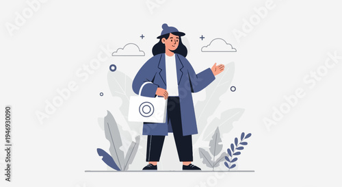 Stylized illustration of a person wearing a coat and hat, carrying a bag, with abstract plants and clouds