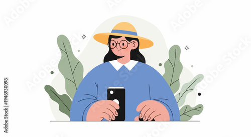 Person in blue top and hat holding phone with plants
