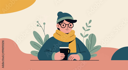 A person in winter attire holding a dark mug, surrounded by abstract shapes and foliage