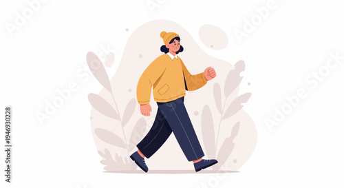 Stylized woman in yellow sweater and hat walks briskly past abstract plants