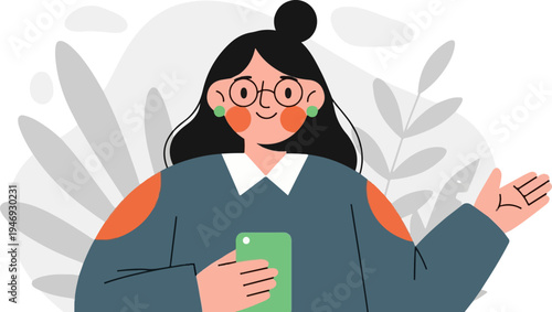 Cheerful person with glasses and black hair bun holding a phone, gesturing outward with one hand