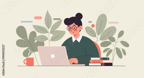 Person with glasses using laptop, plants, books, and coffee cup