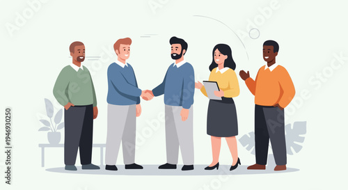 Diverse group of business people in a meeting, two men shaking hands, one holding a tablet