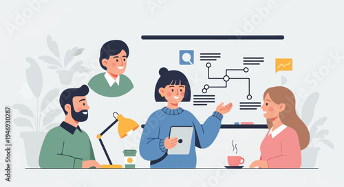 Team collaborating on a project using a tablet and whiteboard with diagrams