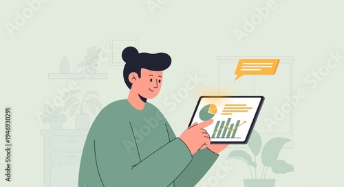 Person looking at charts and graphs on a tablet, in a room with plants