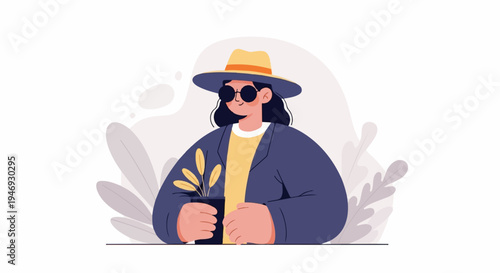 A stylized figure in a wide-brimmed hat and sunglasses holds a potted plant