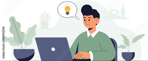 A person at a desk with a laptop, with plants and a thought bubble containing a lightbulb