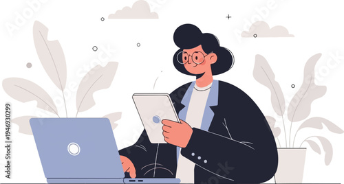 Person with glasses working on laptop and tablet amidst plants and abstract shapes