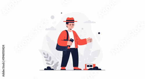 A person with a hat and bag hitchhikes with a phone