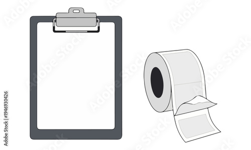 Blank Clipboard and Adhesive Label Roll Mockup on White Background