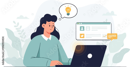 Person at laptop with idea bulb above head, surrounded by abstract plants