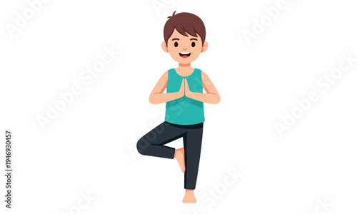 Little Boy Practicing Yoga Tree Pose Illustration
