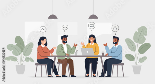 Diverse group of people collaborate around a table, ideas exchanged visually