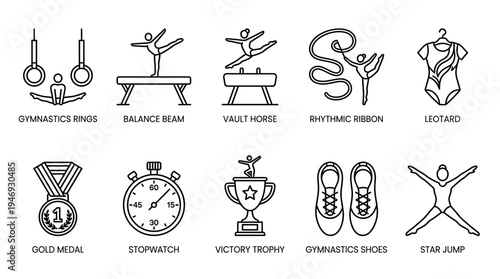 A collection of black line art icons representing various gymnastics disciplines, equipment, and awards, perfect for sports and fitness concepts.
