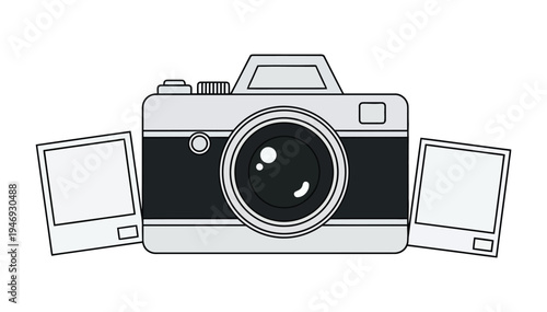 Simple line drawing of a camera with two film slides on either side