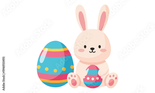 Easter bunny sitting with decorated eggs isolated on white