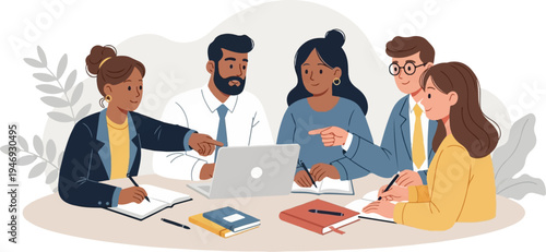 Diverse group collaborates on a project around a table with a laptop