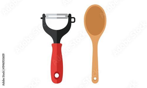 Vegetable Peeler and Wooden Spoon Kitchen Utensils Illustration
