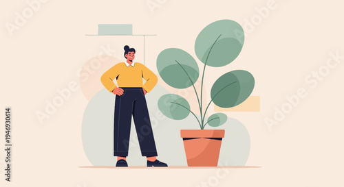 Confident person stands by a large potted plant with large green leaves against a soft background